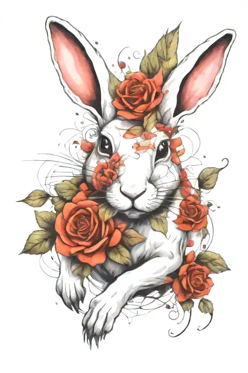 running white rabbit with roses tattoo design idea