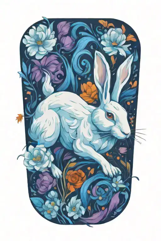 white rabbit running surrounded by flowers  tattoo design idea