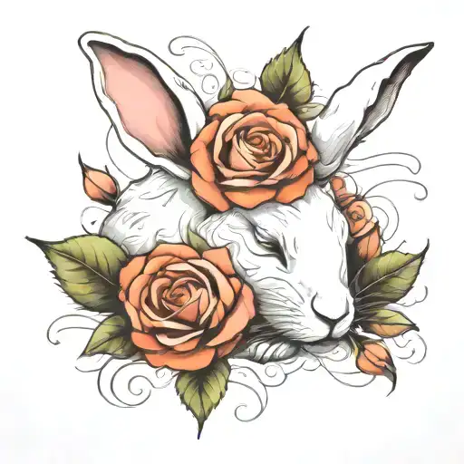 abstract design of a sleeping white rabbit with roses tattoo design idea