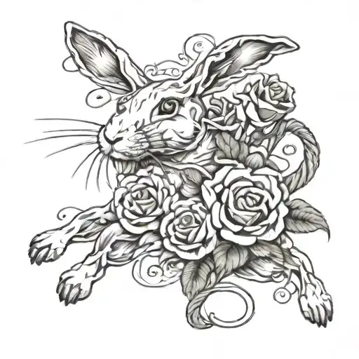 running white rabbit with roses and rope intertwined tattoo design idea