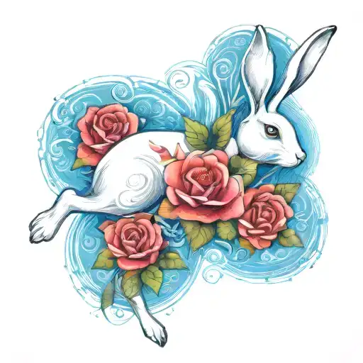 running white rabbit with roses tattoo design idea