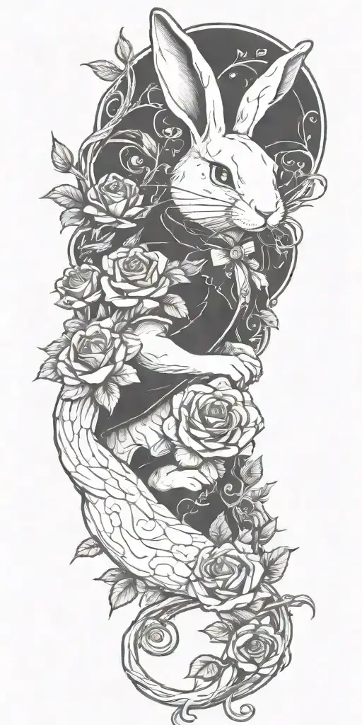 white rabbit stretching out and roses intertwined with vines wrapped tattoo design idea