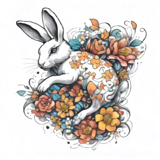 white rabbit running surrounded by flowers  tattoo design idea