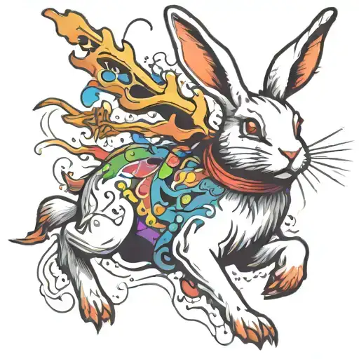 white rabbit running with antlers tattoo design idea