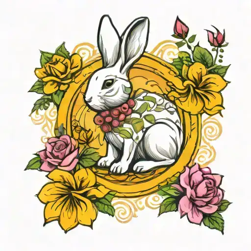 white rabbit surrounded by roses mayflowers hibiscus tattoo design idea