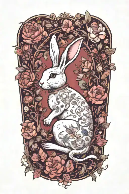white rabbit lounging  surrounded by flowers tattoo design idea