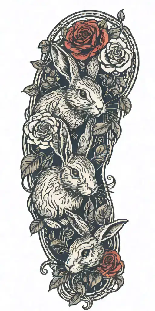 rabbits and roses intertwined tattoo design idea