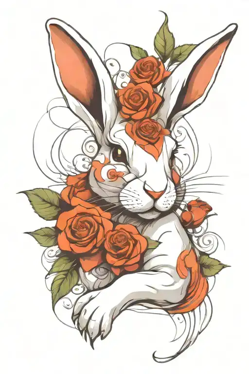 abstract design of a stretching white rabbit with roses tattoo design idea