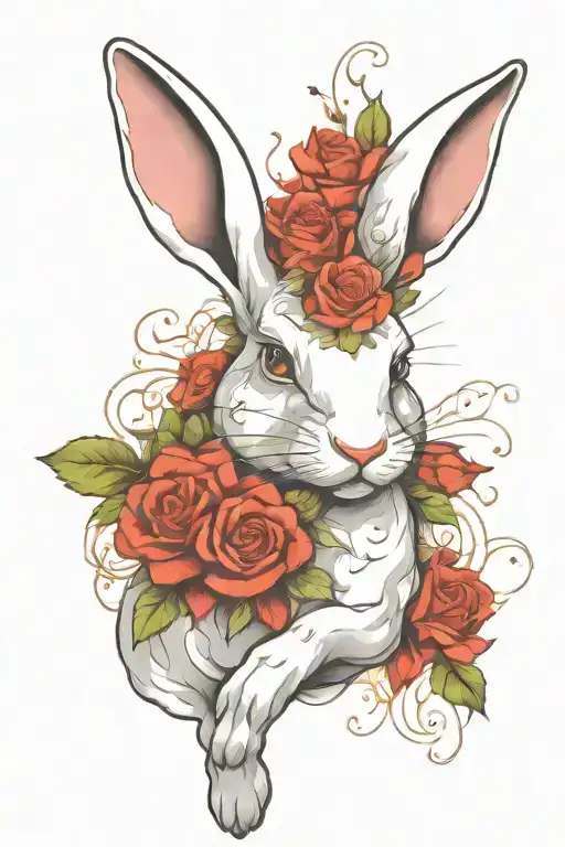 abstract design of a running white rabbit with roses tattoo design idea