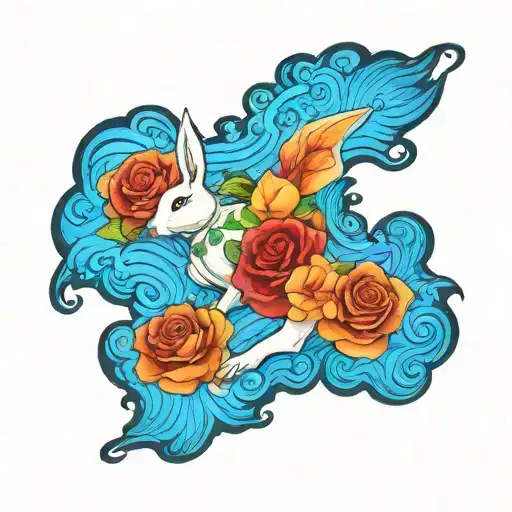 running white rabbit with roses tattoo design idea