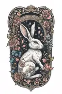 white rabbit lounging  surrounded by flowers tattoo design idea