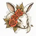 abstract design of a sleeping white rabbit with roses tattoo design idea