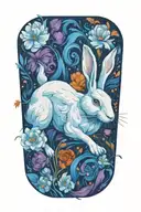 white rabbit running surrounded by flowers  tattoo design idea