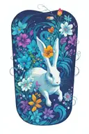 white rabbit running surrounded by flowers  tattoo design idea