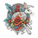 abstract design of a running white rabbit with roses tattoo design idea