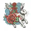 abstract design of a running white rabbit with roses tattoo design idea