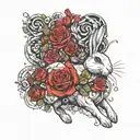 abstract design of a running white rabbit with roses tattoo design idea