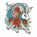 abstract design of a running white rabbit with roses tattoo design idea