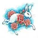 running white rabbit with roses tattoo design idea