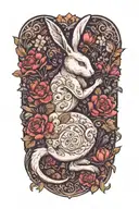 white rabbit lounging  surrounded by flowers tattoo design idea