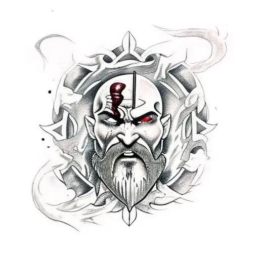  Kratos's skin, armor, and the Blades of Chaos in black ink, while his eyes, some blood splatters, and perhaps the fiery tattoo design idea