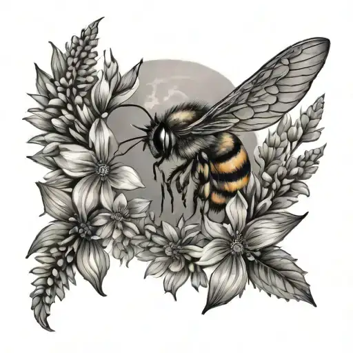 moon with wildflowers and honey bee,  tattoo design idea