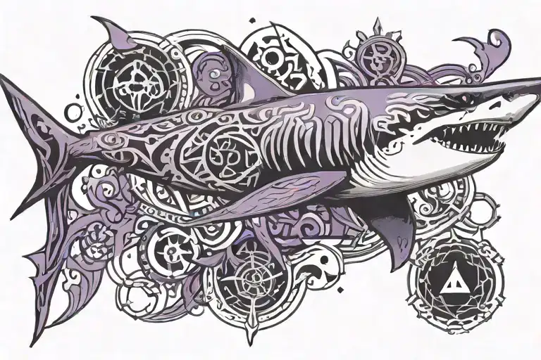 A bold and striking design showcasing a shark surrounded by dark arts symbols, with hints of purple and black to add a spooky element inspired by Halloween tattoo design idea