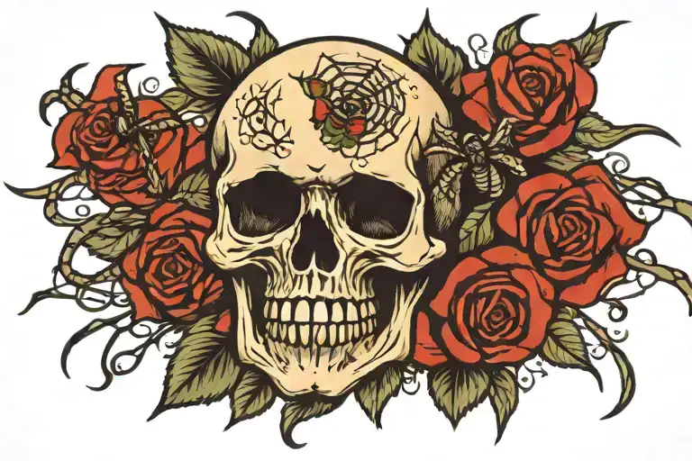 skull with spiders and roses  tattoo design idea