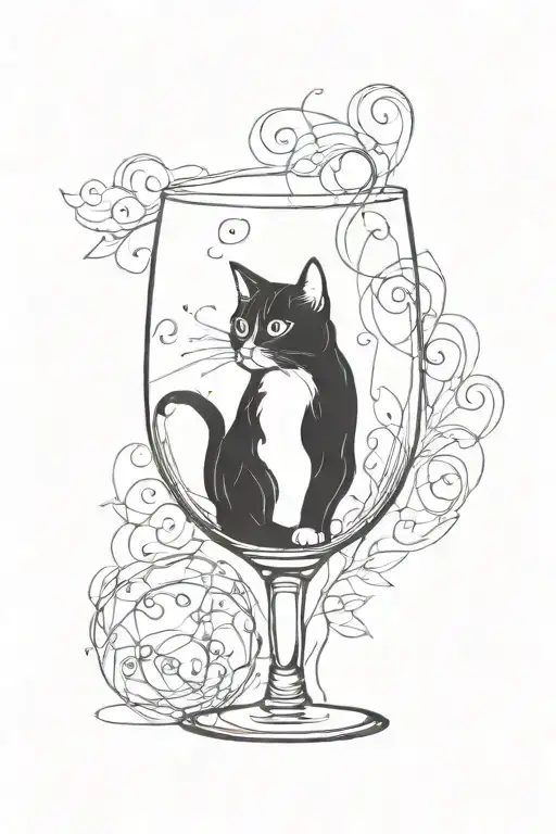a cat looking through wine glass  tattoo design idea