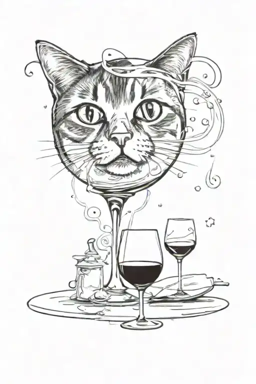 a cat looking through wine glass on the table tattoo design idea