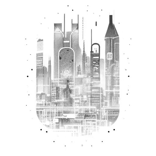 A futuristic cityscape with neon signs displaying coding languages and dollar signs tattoo design idea