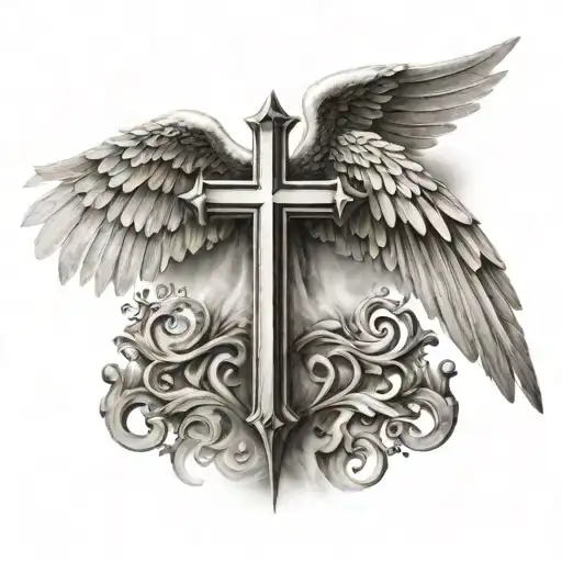 christian cross with angel wings tattoo design idea