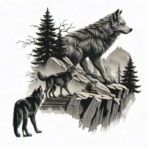 3 sons walking up stairs to a mountain with 3 wolfs on rock beds with waterfall in the middle with a dad wolf looking ov tattoo design idea
