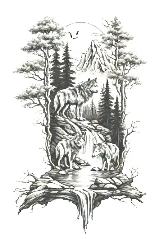 3 sons holding dads hand wolfs mountain waterfall trees tattoo design idea