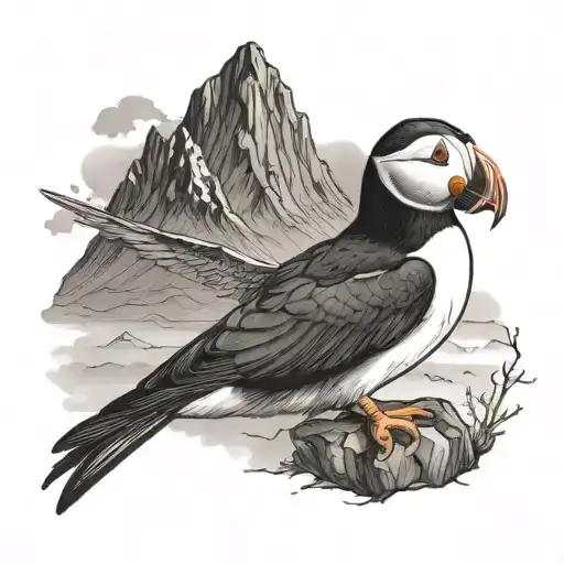 a puffin watching a volcano explosion in iceland mountains forest tattoo design idea