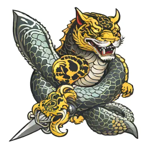 fudog and snake dagger tattoo design idea