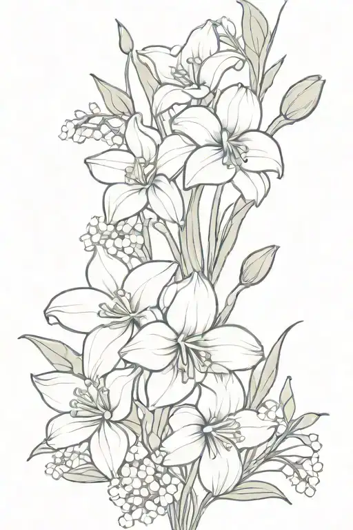flower boquet including daffodil, carnation, marigold, daisy, lily of the valley tattoo design idea
