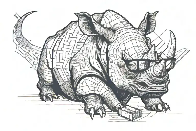 A rhino wearing tech glasses or even sitting in front of a computer or laptop with a code editor open, humorously combin tattoo design idea