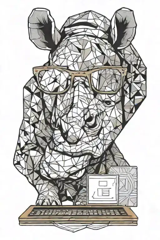 A rhino wearing tech glasses or even sitting in front of a computer or laptop with a code editor open, humorously combin tattoo design idea