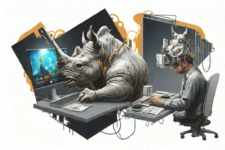 A rhino wearing tech glasses or even sitting in front of a computer or laptop with a code editor open, humorously combin tattoo design idea