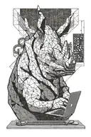 A rhino wearing tech glasses or even sitting in front of a computer or laptop with a code editor open, humorously combin tattoo design idea
