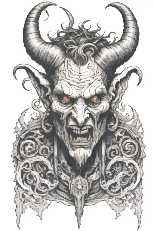Mutant god face with tusks and horns holding tattoo design idea
