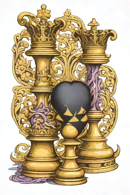 2 queens chess pieces, jacaranda, heart, chess board  tattoo design idea