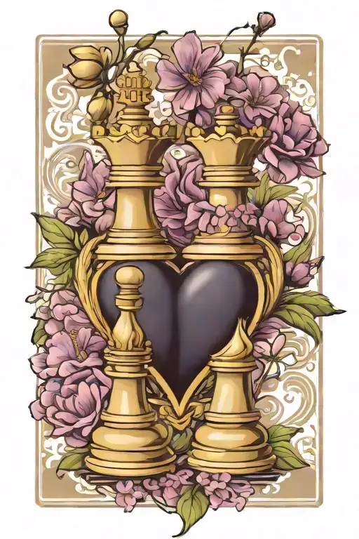 2 queen chess pieces, jacaranda flowers, heart shaped, chess board  tattoo design idea