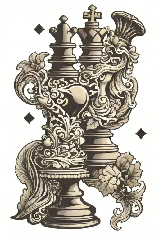 2 queens chess pieces, jacaranda, heart, chess board  tattoo design idea