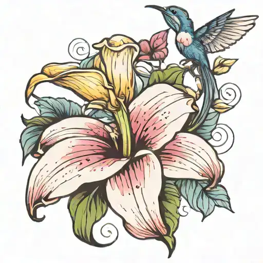 calla lily with a monkey holding the stem and a lady bug on the petal and a hummingbird drinking out of the calla Lilly. tattoo design idea