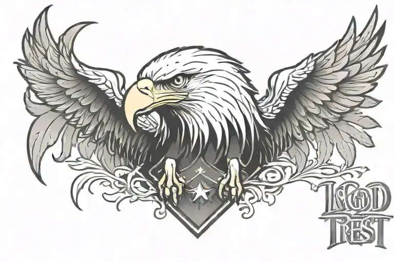 bald eagle head with in god we trust text tattoo design idea