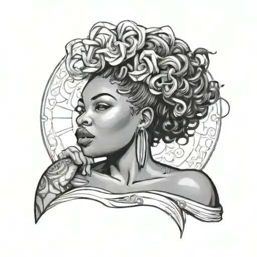 create a greyscale tattoo concept of a beautiful, Black woman, who is very pleasantly plump, basking on an innertube  tattoo design idea