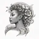 create a greyscale tattoo concept of a beautiful, Black woman, who is very pleasantly plump, basking on an innertube  tattoo design idea