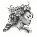 create a greyscale tattoo concept of a beautiful, Black woman, who is very pleasantly plump, basking on an innertube  tattoo design idea